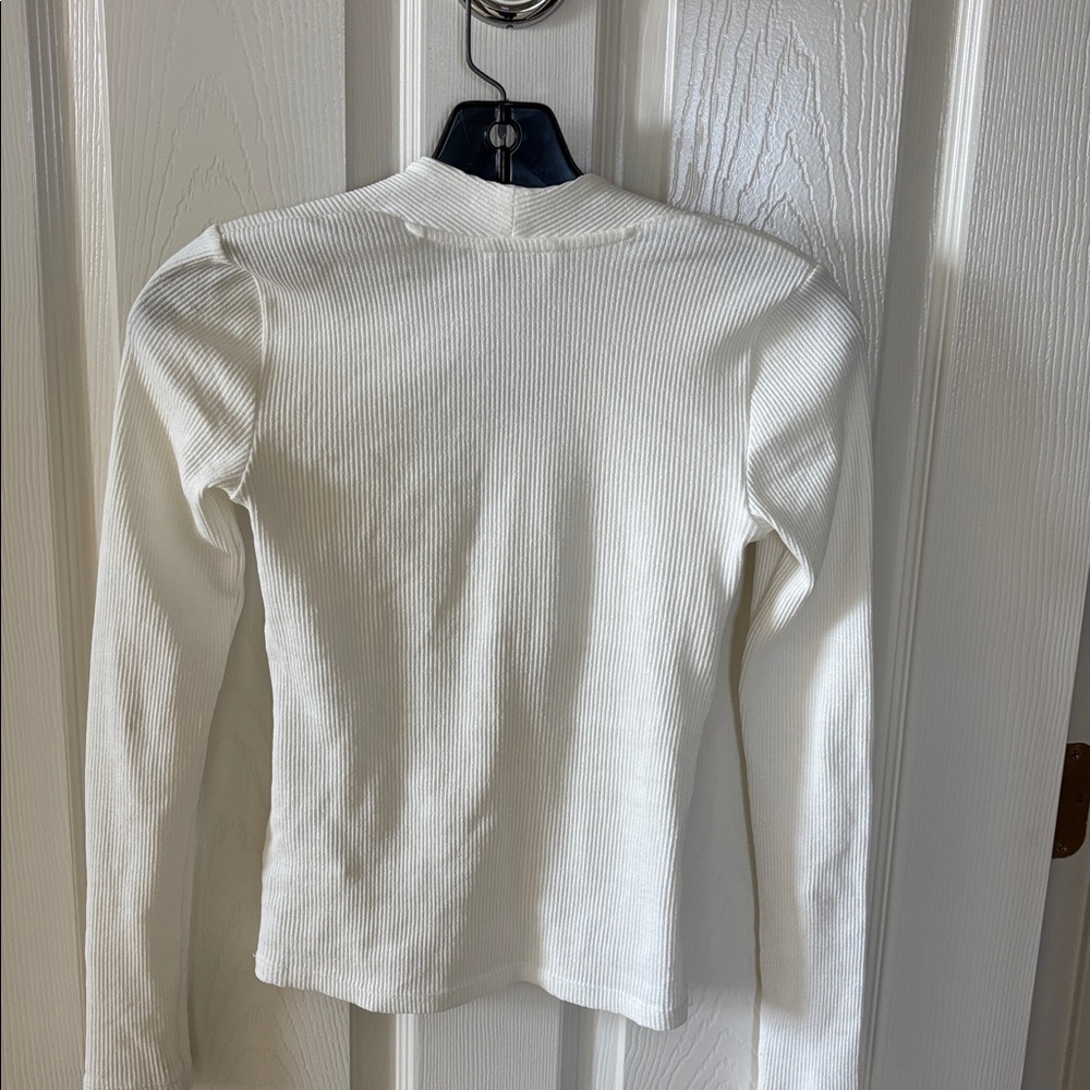 Zara Off-White Ribbed Deep V Long Sleeve Top - Picture 6 of 9